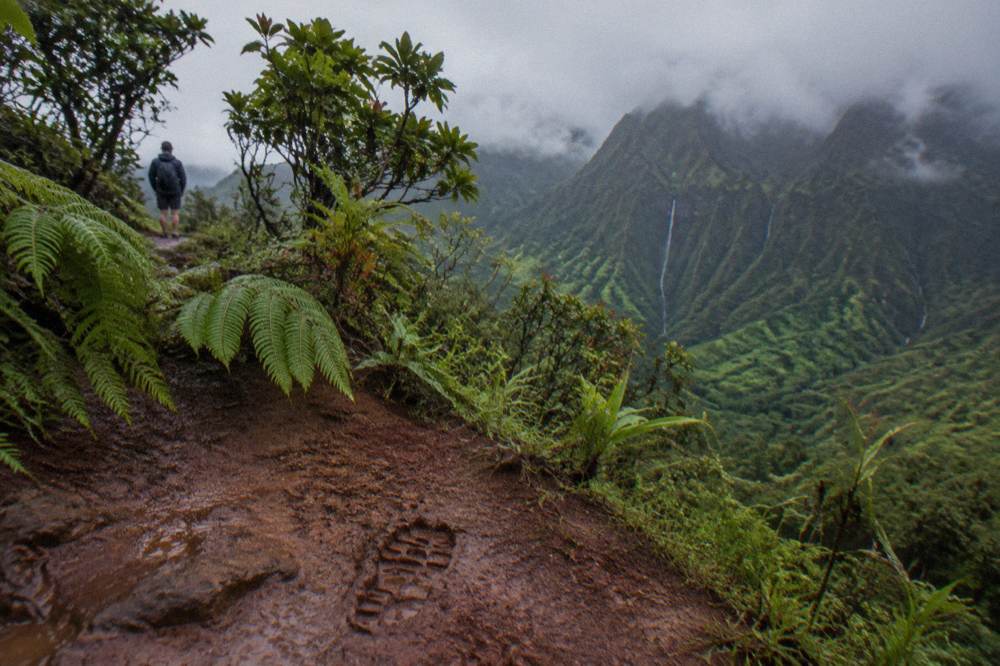 Clouds resting on green mountain ridges above a Kauai valley