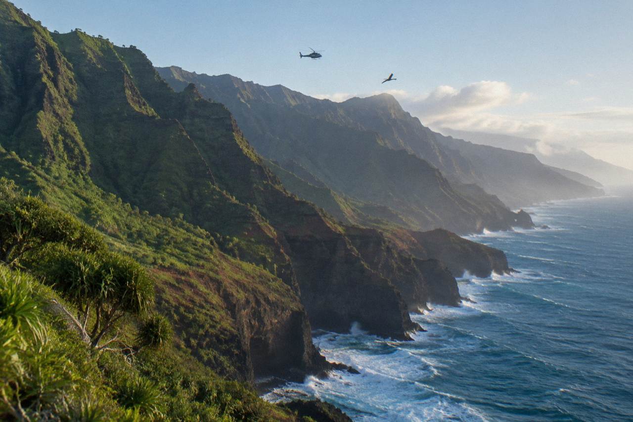 A helicopter flying over green Kauai cliffs above the ocean