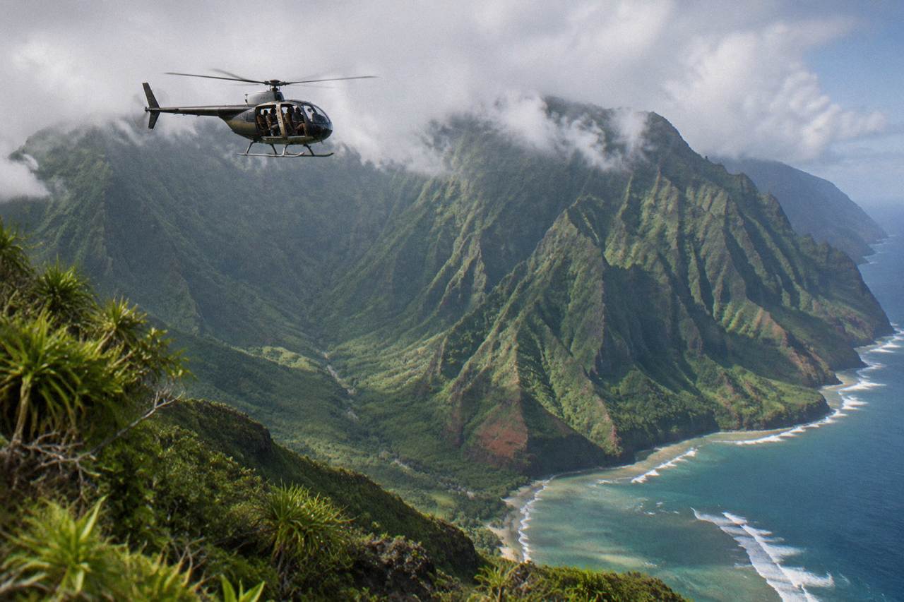 A doors-off helicopter flying over green Kauai cliffs with open cabin sides