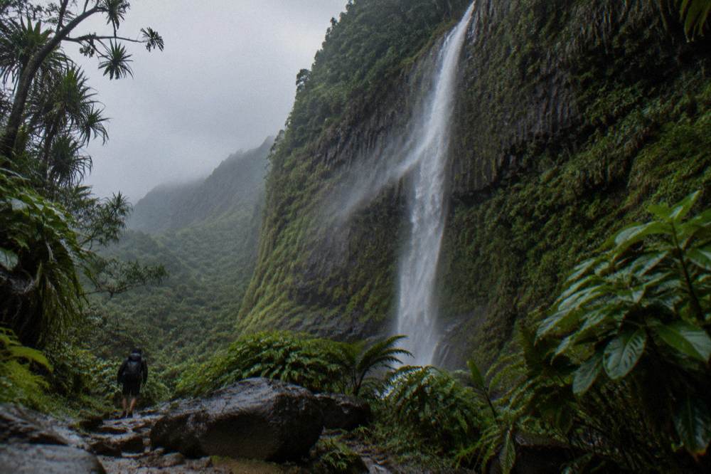 A waterfall dropping down a dark green cliff face into a narrow jungle valley