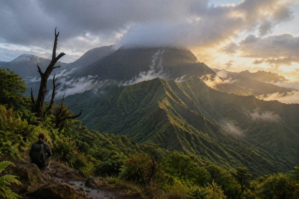 A misty mountain summit with layered green ridges under broken clouds above a tropical island