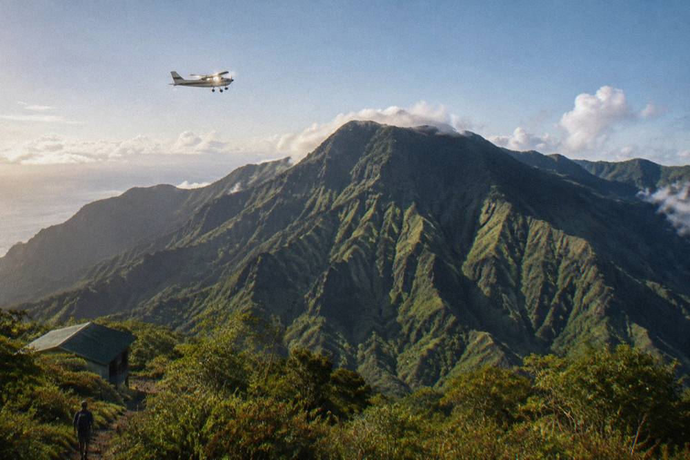 A small airplane in flight above green Kauai ridgelines