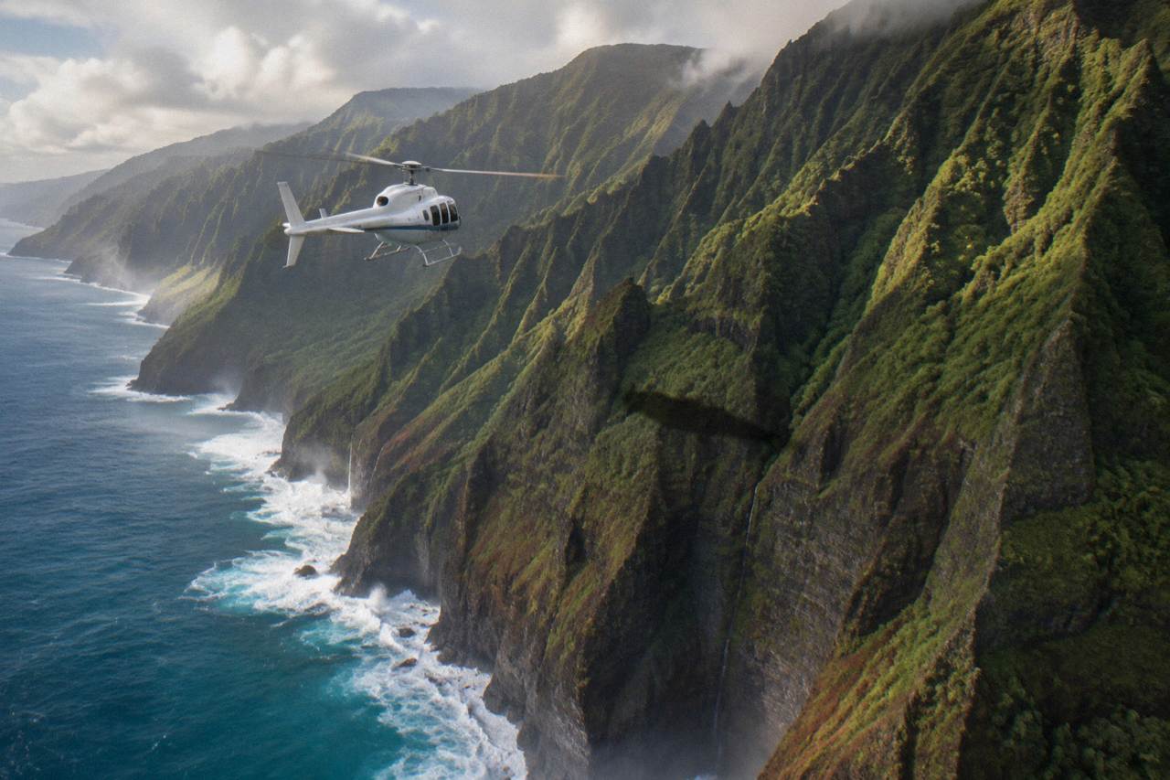 A helicopter flying along green sea cliffs on the Kauai coast