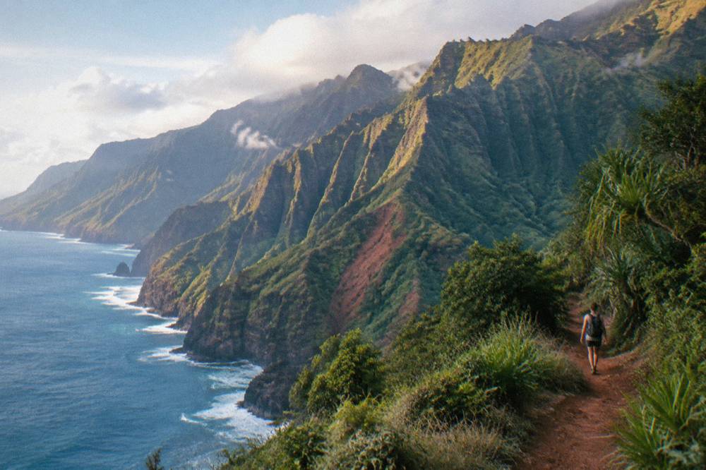 Sunlight raking across deep green ridges and hanging valleys along a remote tropical coastline