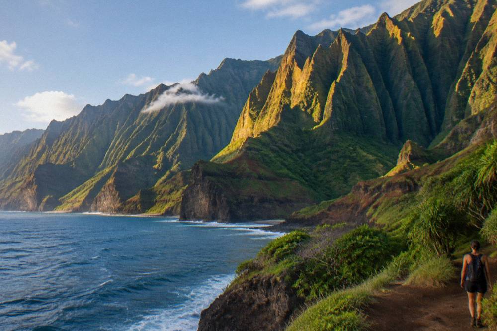 Coastal cliffs along the Na Pali Coast seen from the air in soft light