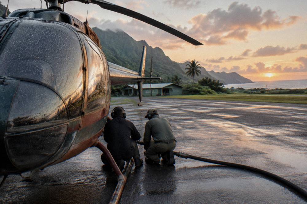 A helicopter on a helipad at sunrise with ground crew preparing