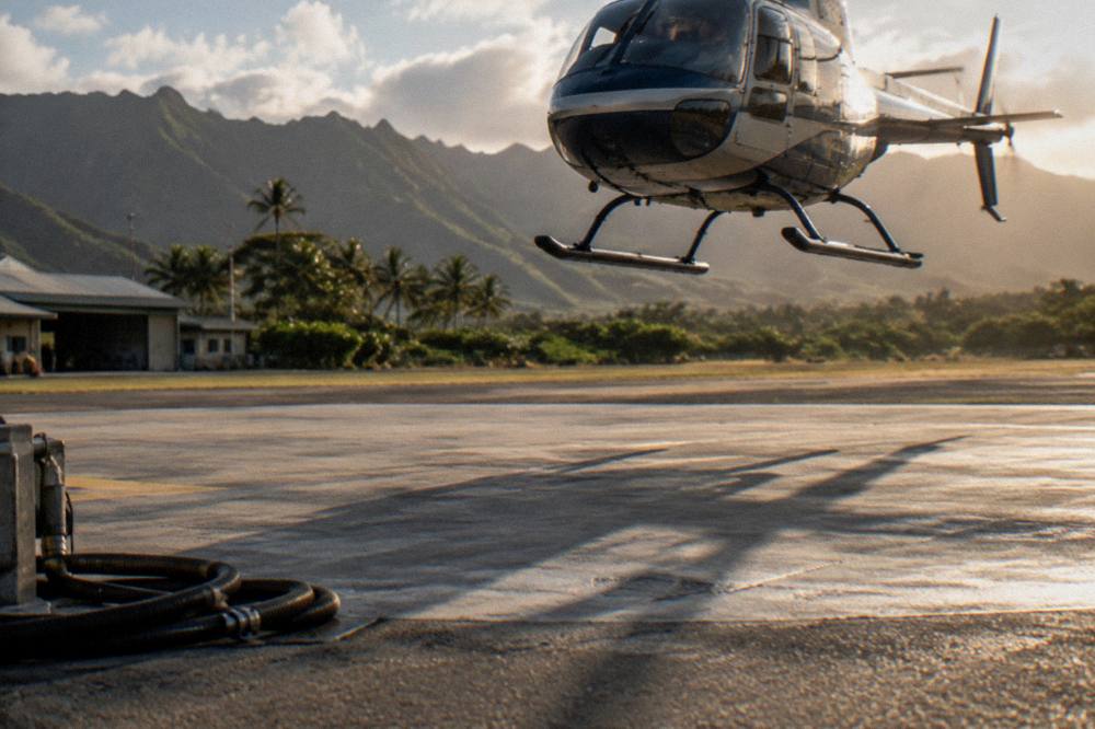 A helicopter lifting off a heliport pad in warm morning light