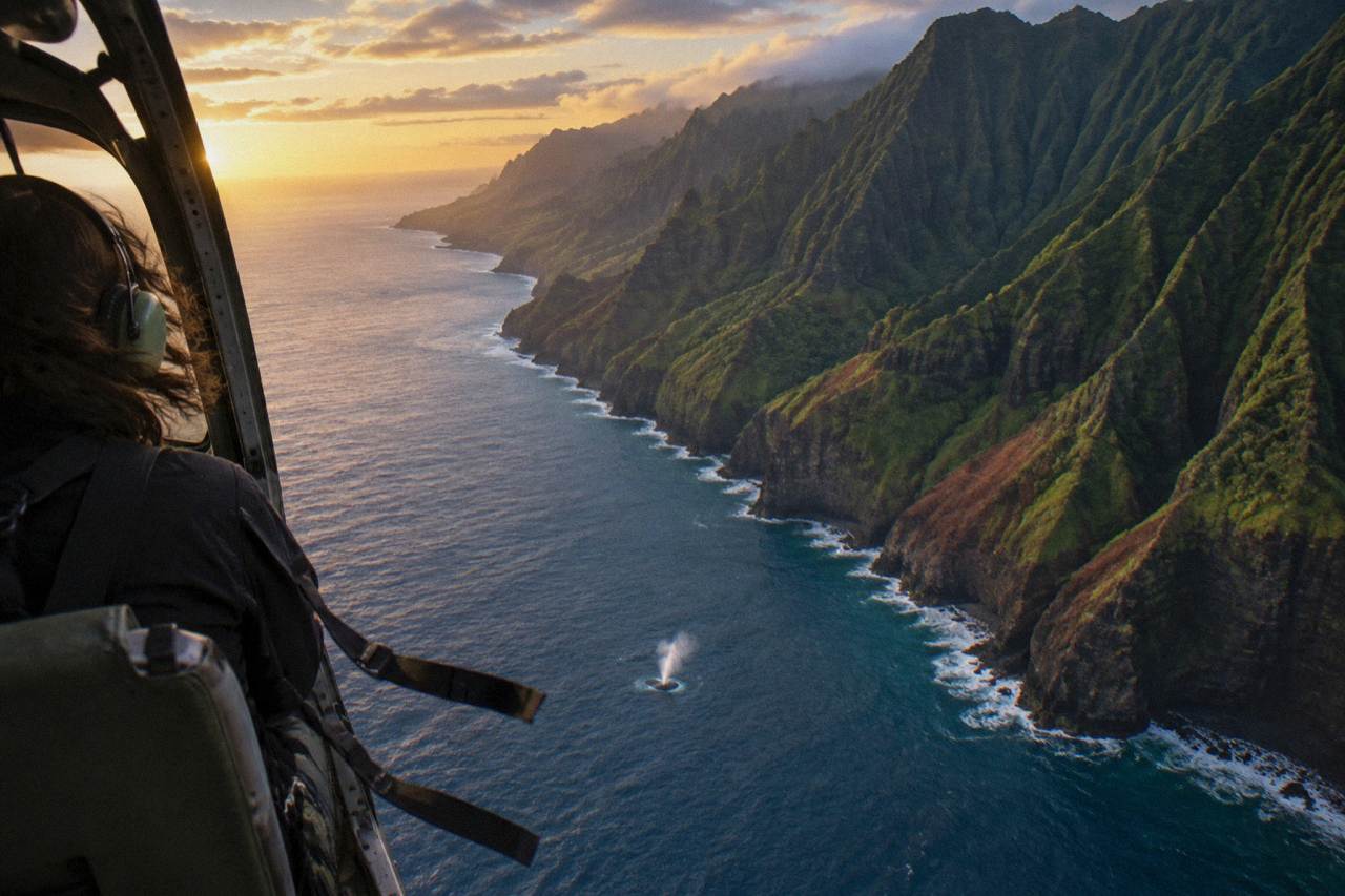 A doors-off helicopter flying over green Kauai cliffs near the coast