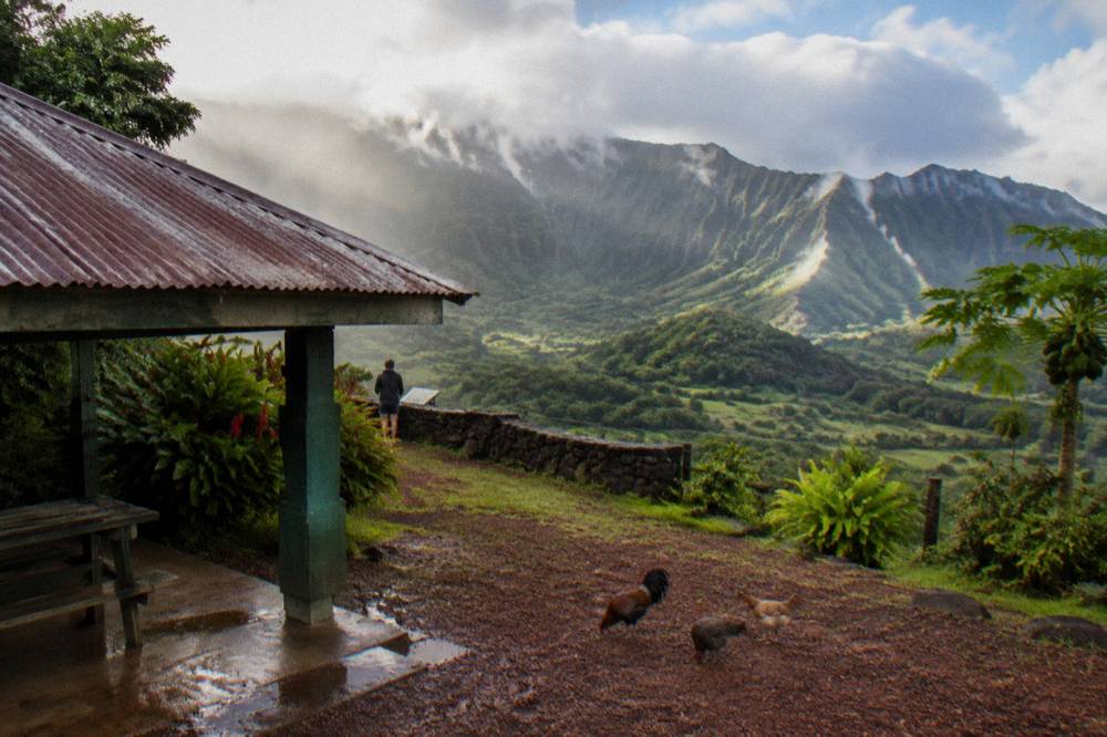 A sunlit valley with mist drifting over green ridges after rain