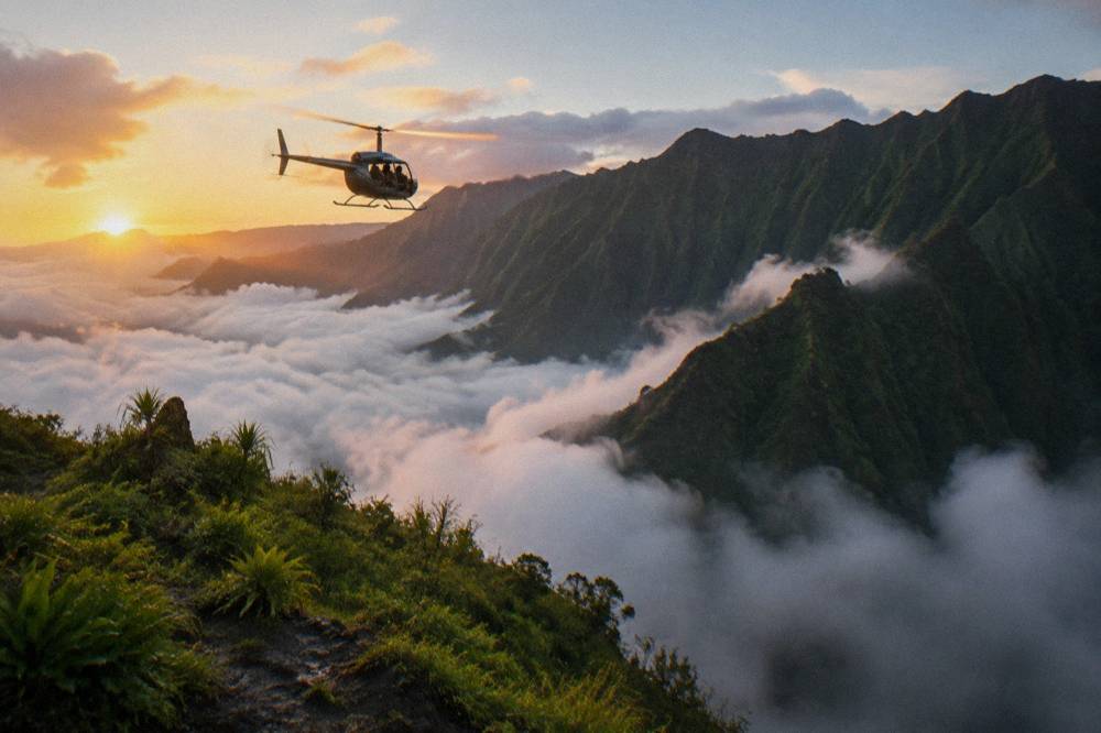 A helicopter flying above clouds toward green mountain ridges on Kauai in morning light