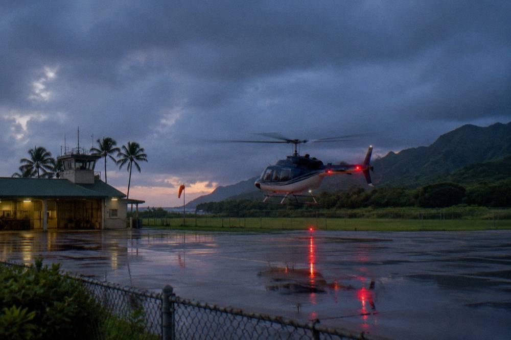 A helicopter lifting off from a paved pad near an airport fence