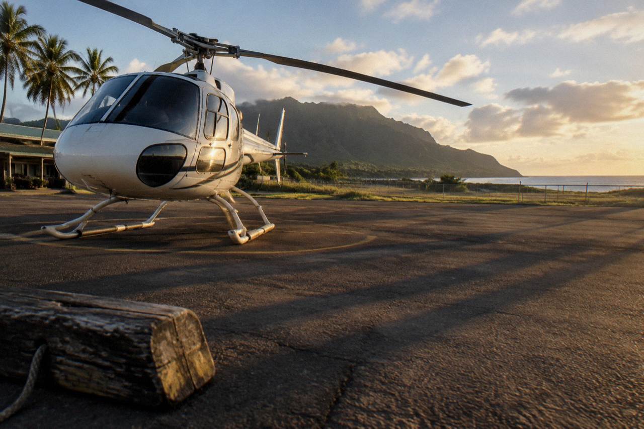A helicopter parked on a paved heliport apron near the coast of Kauai with green mountains behind it