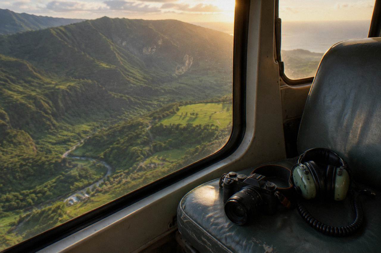 A helicopter cabin interior above a green canyon with a camera resting on a passenger seat