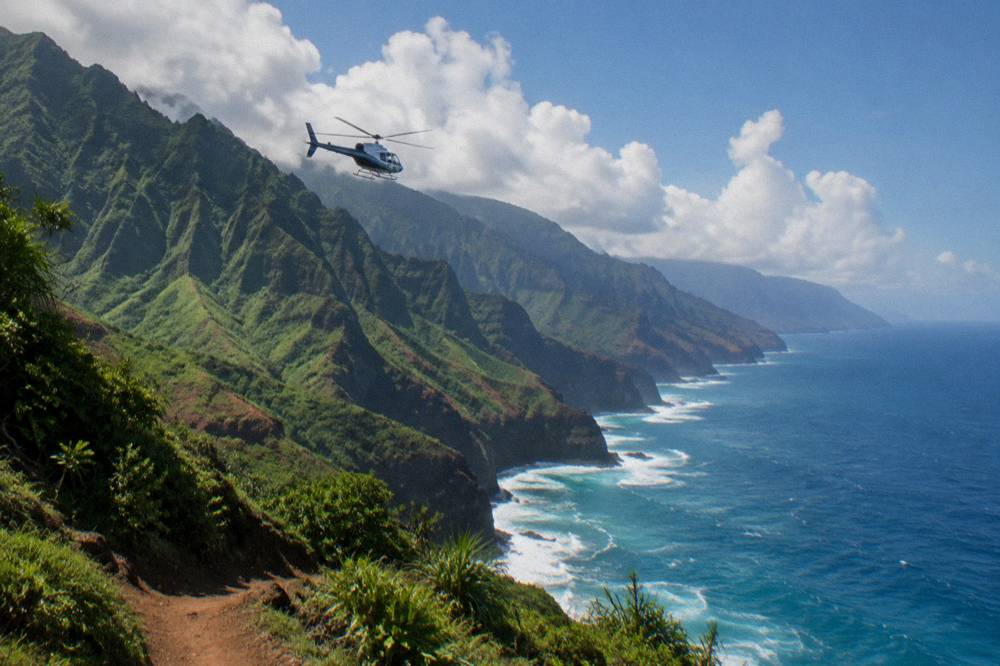 A helicopter flying along a coastline of tall green sea cliffs above breaking waves