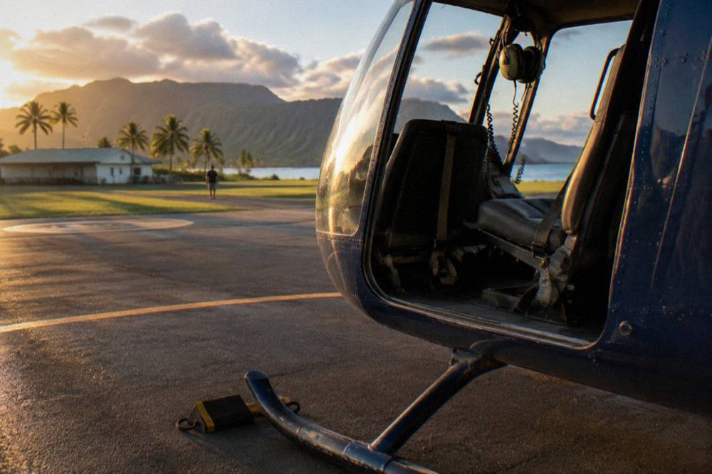 A helicopter passenger door frame and cabin seats seen from outside a small aircraft on a heliport apron