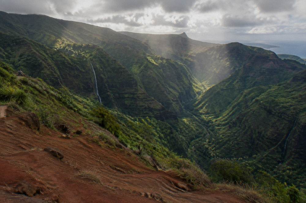 A wide aerial view of a deep green Kauai canyon with thin waterfalls on its walls