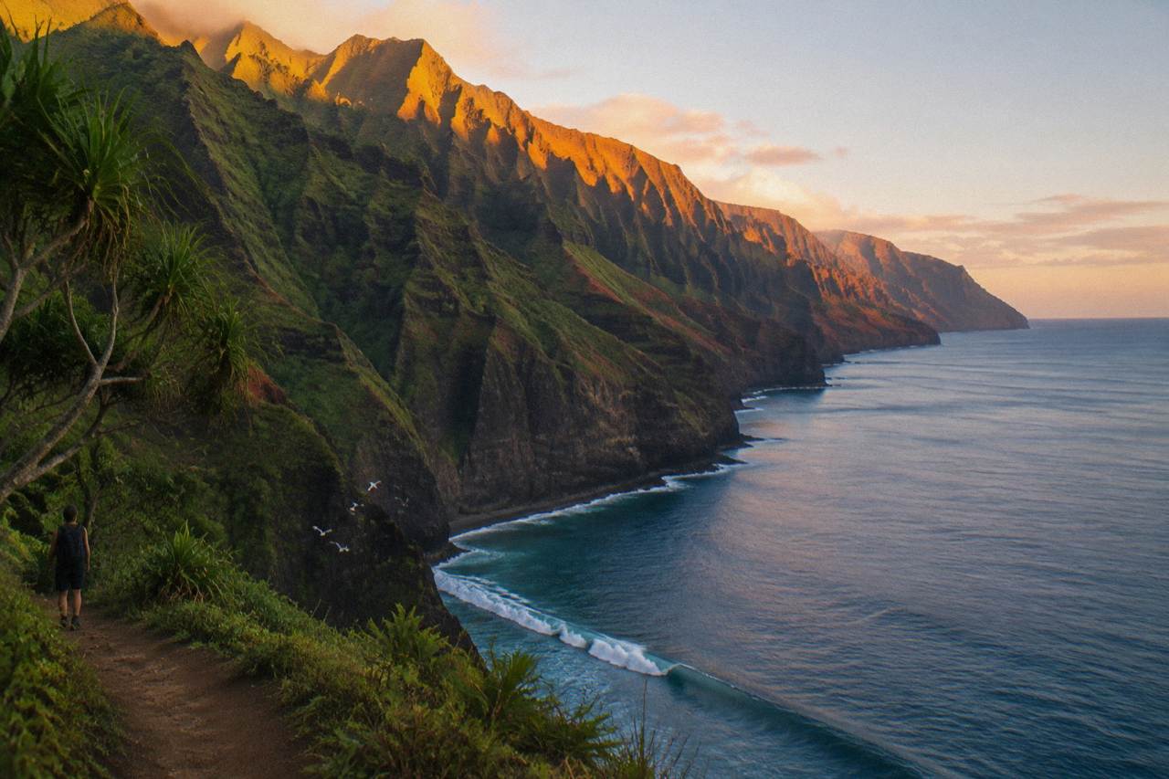 Tall sea cliffs along the Na Pali Coast rising above calm ocean water