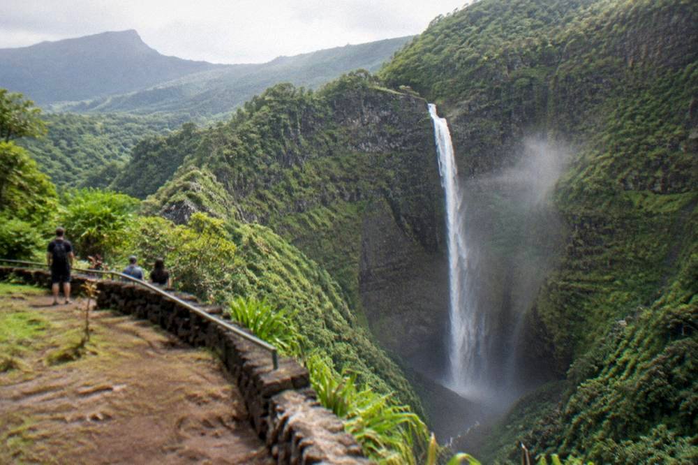 Aerial view of a waterfall dropping into a narrow green canyon