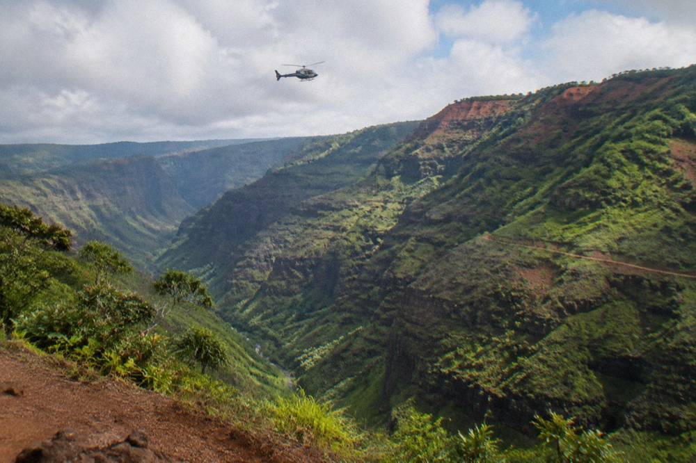 A helicopter flying above a deep green canyon with layered ridges in morning light