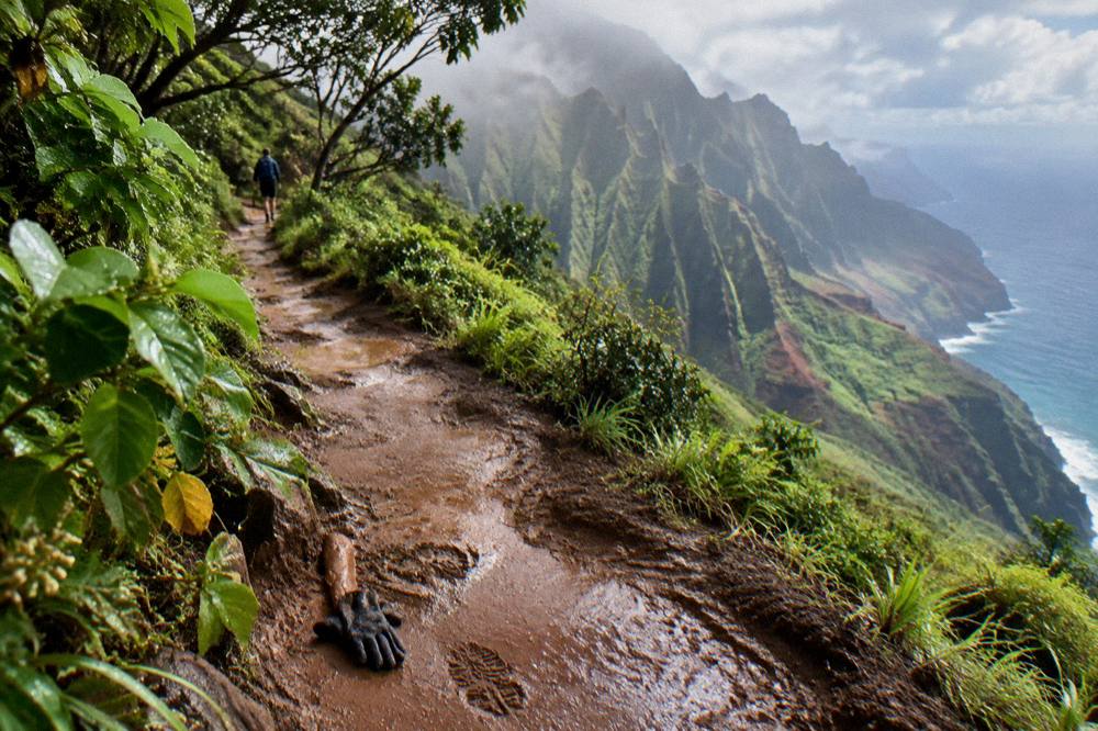 A steep forested valley trail winding toward distant sea cliffs