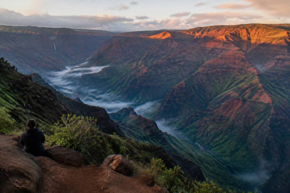 Wide canyon gorge with red rock ridges and green valley floors under morning light