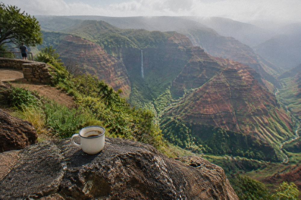 A wide canyon gorge with red stratified walls and green ridge lines fading into morning haze