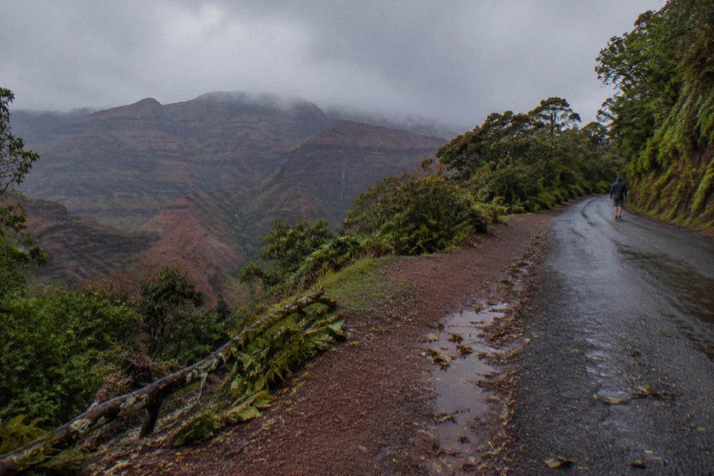 A winding mountain road climbing through forest toward high ridgelines under heavy cloud